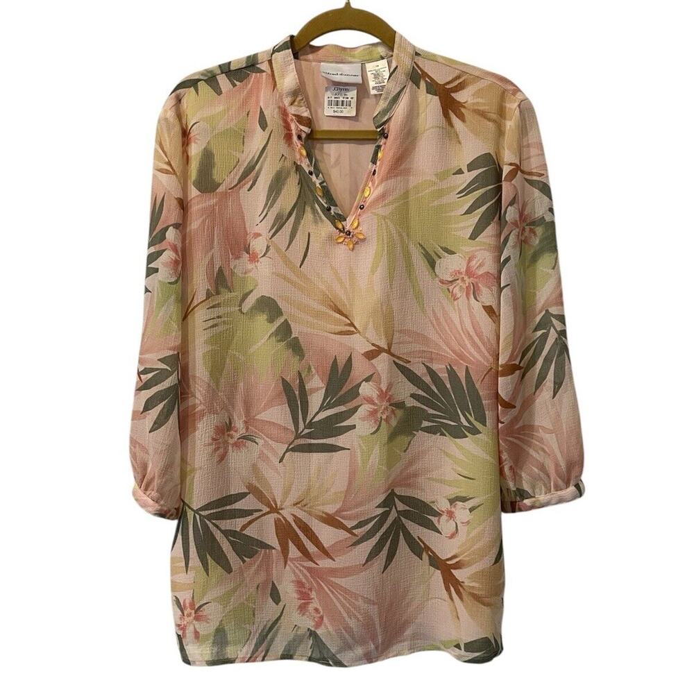 Alfred Dunner Top 14 aqua/brown floral V Neck 3/4 Aloha Tropical NWT